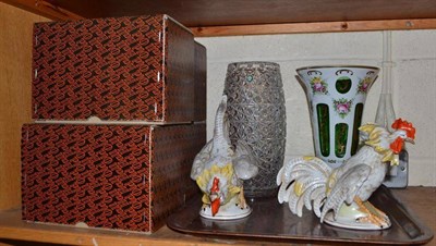 Lot 104 - A green overlay vase, pair of Continental cockerel ornaments, crystal vase and limited edition...