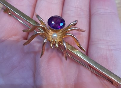 Lot 2086 - An Amethyst and Cultured Pearl Spider Brooch...