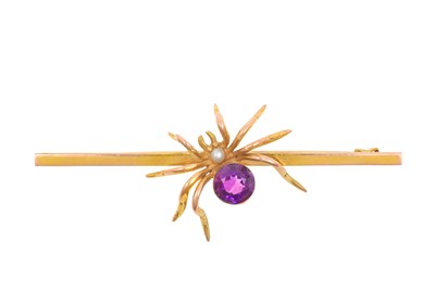 Lot 2086 - An Amethyst and Cultured Pearl Spider Brooch...