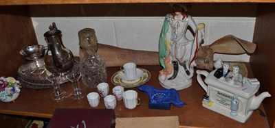 Lot 109 - Staffordshire figure, sculptural hare, 'Tennants' teapot, plated ware, cut glass decanter, etc