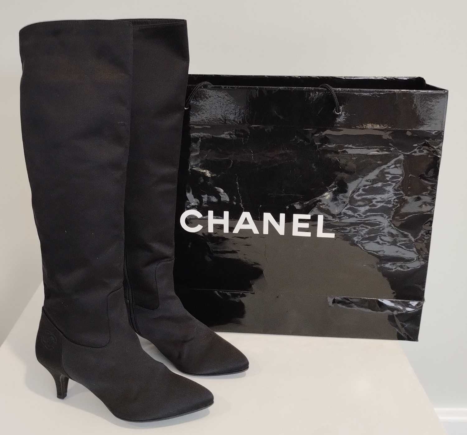 Lot 1007 - Pair of Chanel Black Satin Knee High Heeled...
