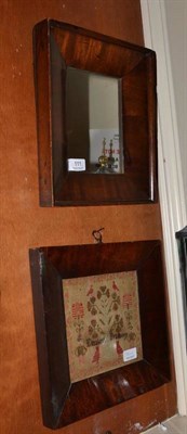 Lot 111 - A small needlework sampler and a mahogany framed mirror