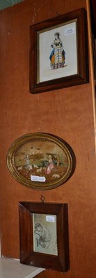 Lot 113 - A silkwork picture of a shepherd and shepherdess, a mahogany framed print and a rosewood framed...