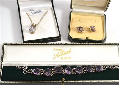 Lot 118 - A pair of 9ct gold amethyst and diamond earrings, a bracelet and a pendant on chain