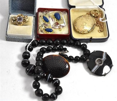 Lot 120 - A sardonyx necklace and brooch, a tortoiseshell pique brooch, a Victorian brooch, a beetle...