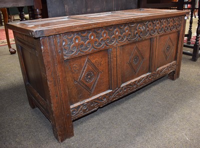 Lot 1414 - An 18th Century Oak Three Panel Coffer, carved...