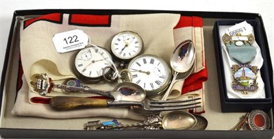 Lot 122 - Silver spoons, silver pocket watch, silver 'Granta Lodge No 4950' Masonic jewel, 9ct gold...
