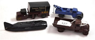 Lot 127 - Dinky Four Pre-War Models 33r LMS Mechanical Horse and trailer, maroon, Good to Excellent, one...