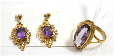 Lot 135 - A 9ct gold amethyst ring and a pair of earrings