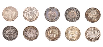 Lot 42 - 10x Mixed 19th Century Sixpences, comprising;...