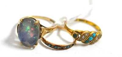 Lot 154 - An opal triplet ring and two turquoise and seed pearl rings (a.f.)