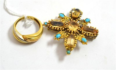 Lot 163 - An 18ct three colour gold ring and a citrine and turquoise quatrefoil brooch (a.f.)