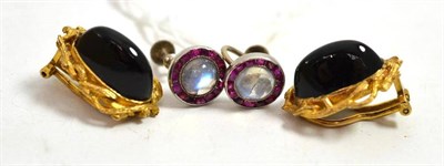 Lot 165 - A pair of moonstone and ruby cluster earrings and a pair of 9ct gold earrings