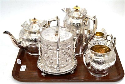 Lot 171 - A good silver plated four piece tea service with pierced rims and engraved decoration and a cut...