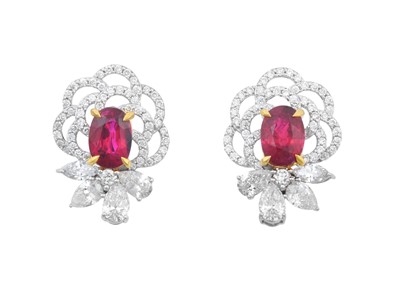 Lot 2280 - A Pair of Ruby and Diamond Cluster Earrings...