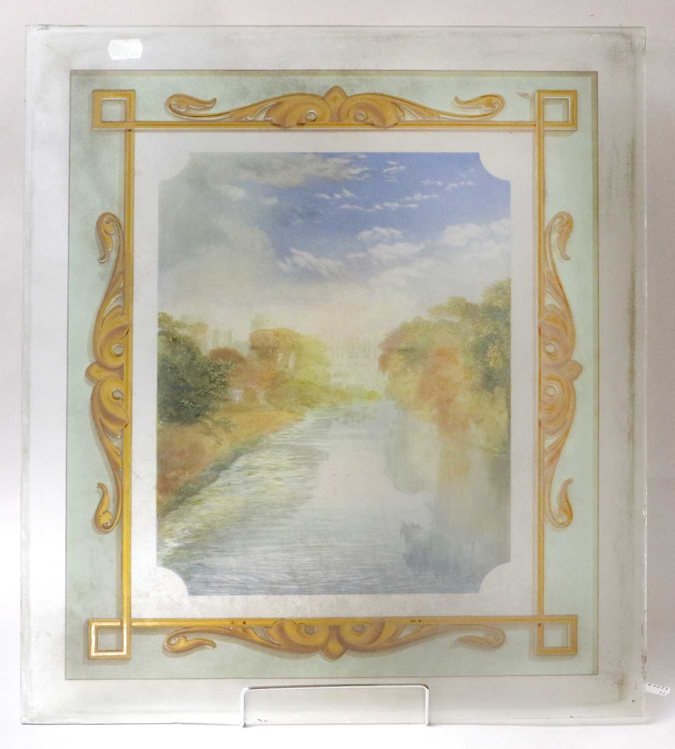 Lot 71 - A Painted Glass Panel, Country Residence, 57cm...