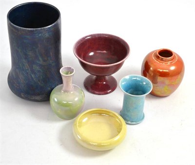 Lot 177 - Four pieces of Ruskin pottery, shape numbers 1815, 1918, 1924 and 1411 and two Moorcroft lustre...