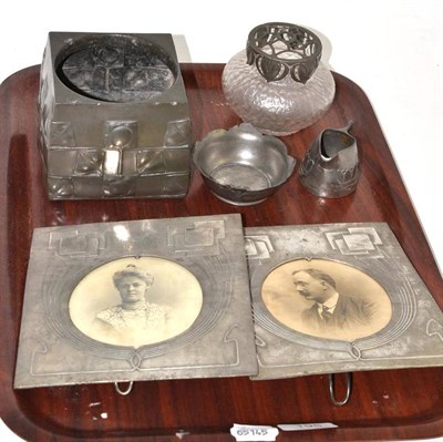 Lot 195 - A collection of Arts & Crafts pewter including a pair of picture frames, stamped Osiris 1065, a...