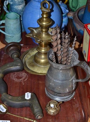 Lot 197 - Persian oil lamp, brace and other metalware