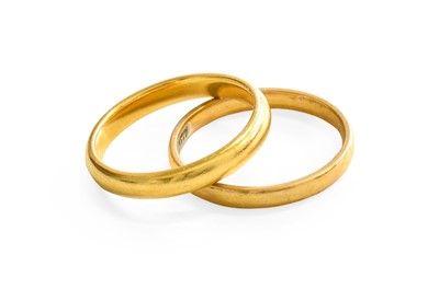 Lot 338 - Two 22 Carat Gold Band Rings, finger sizes...