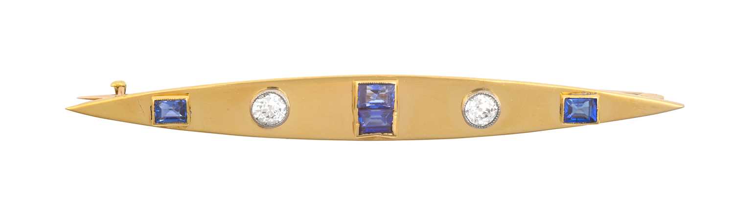 Lot 2043 - A Sapphire and Diamond Brooch the tapering bar...