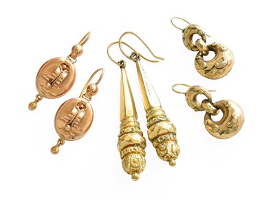 Lot 337 - Three Pairs of Drop Earrings, each of varying...