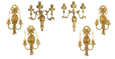 Lot 445 - ~ A Pair of Giltwood and Gesso Three-Light...