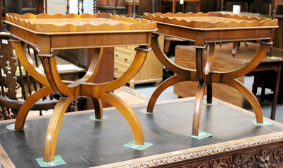 Lot 1207 - A Pair of Yew Wood End Tables, with scalloped...