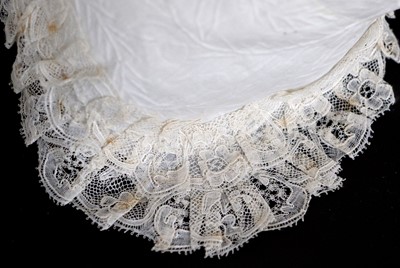 Lot 2140 - 18th Century Linen Baby Bonnet, with a ground...