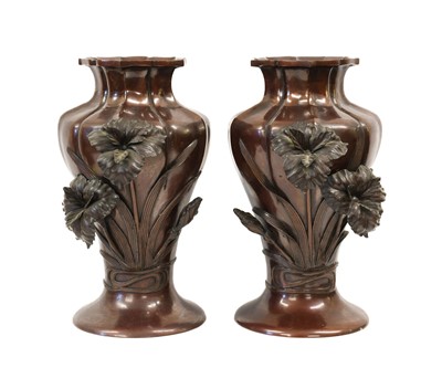 Lot 160 - A Pair of Japanese Bronze Vases, Meiji period,...