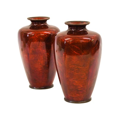 Lot 170 - A Pair of Japanese Red Ginbari Enamel Vases,...