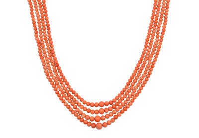 Lot 2120 - A Four Row Coral Bead Necklace, with A...
