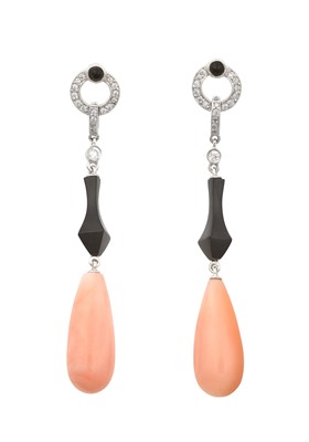 Lot 2016 - A Pair of Art Deco Style Coral, Onyx and...