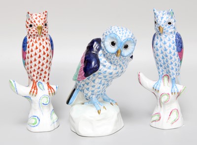 Lot 245 - Three Herend Porcelain Owls, largest 13.5cm high