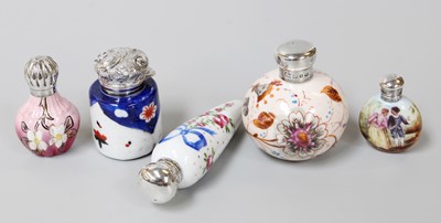 Lot 97 - Four English-Mounted Ceramic Scent-Bottles and...