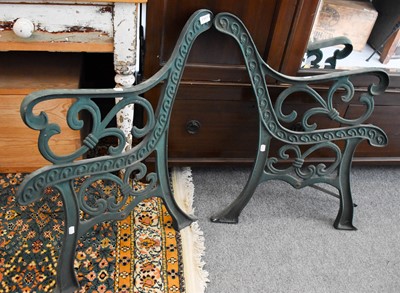 Lot 1383 - Green Painted Cast Iron Garden Bench Ends,...