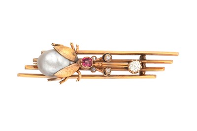 Lot 2085 - A Diamond, Pearl and Synthetic Ruby Brooch...