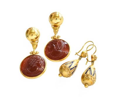 Lot 457 - A Pair of Carnelian Drop Earrings, the carved...