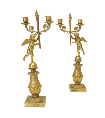 Lot 206 - A Pair of Gilt Metal Twin-Light Figural...