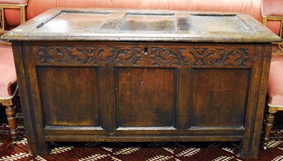 Lot 1213 - An 18th Century Three Panel Oak Coffer, 114cm...