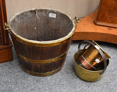 Lot 1337 - A Staved Oak and Brass Bucket and two brass...