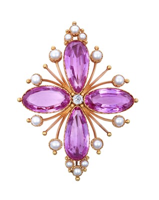 Lot 2254 - A Diamond, Pink Topaz and Split Pearl Brooch...