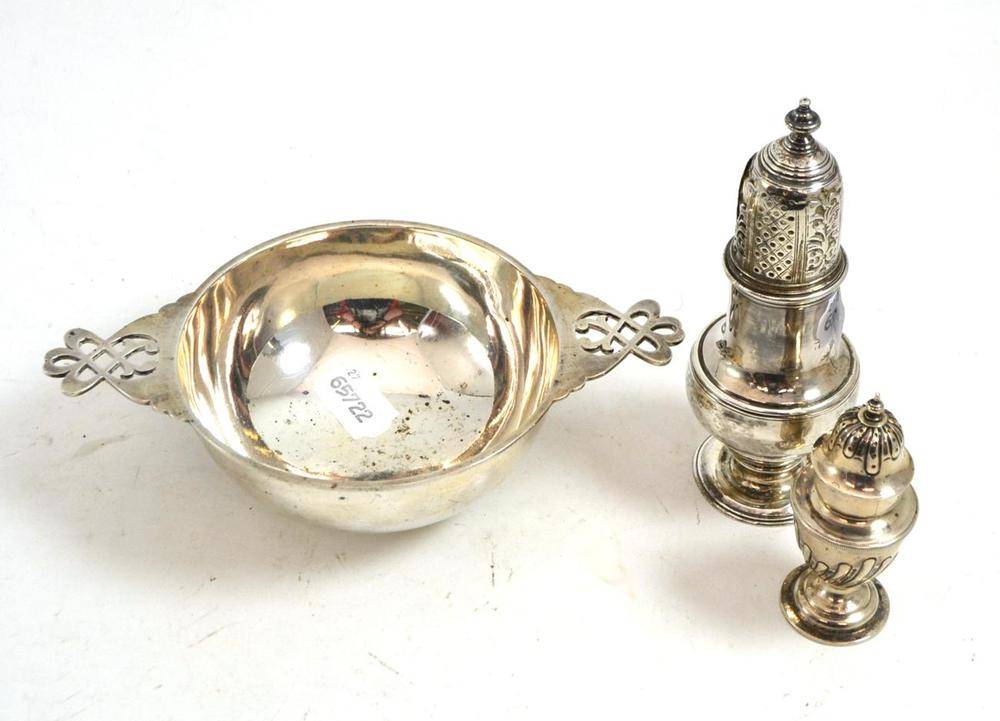 Lot 389 - Silver quaiche and two casters