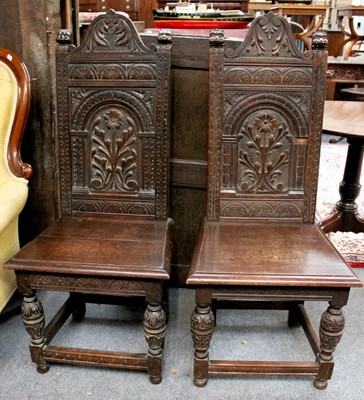 Lot 1340 - A Pair of Victorian Carved Oak Panel Back Hall...