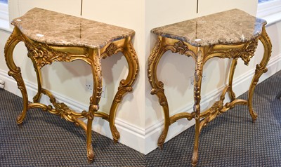 Lot 1520 - A Pair of Reproduction Marble Topped Gilt Wood...