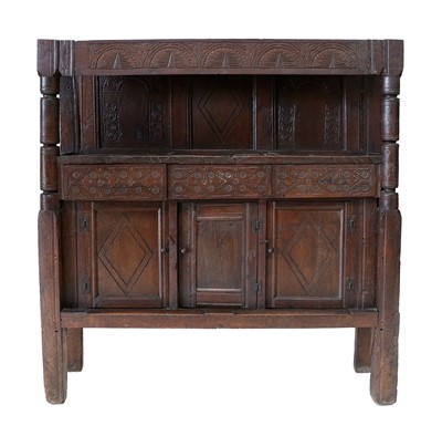 Lot 275 - A Joined Oak Food Cupboard, the panelled top...