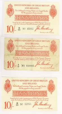 Lot 427 - 3x Treasury Issue, 10 Shilling Notes, all...