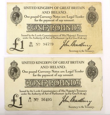 Lot 426 - 2x Treasury Issue, One Pound Notes, second...