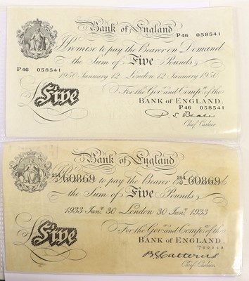 Lot 431 - 2x Bank of England, White £5 Notes, to include;...