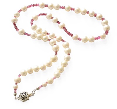 Lot 350 - A Pink Tourmaline and Cultured Pearl Necklace,...